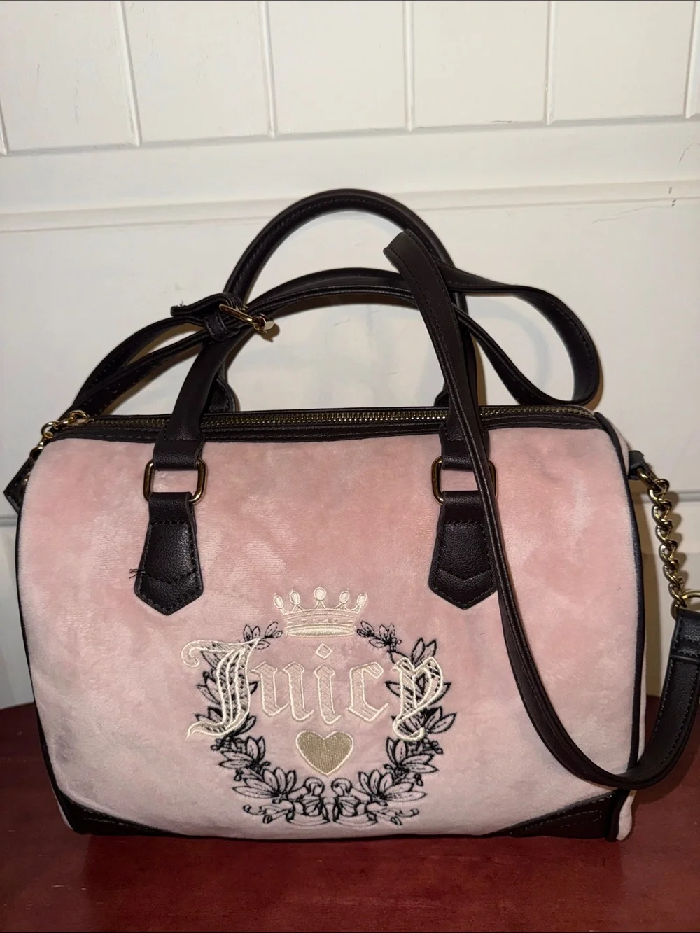 Juicy Couture Pink Suede Satchel with Dark Brown Trim & Gold Hardware